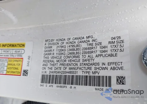 2025 Honda Cr-V Lx Awd z USA, uszkodzony, nr VIN 2HKRS4H23SH485531